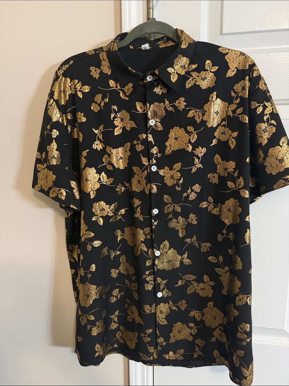 Men's Black Short-Sleeve Shirt with Gold Floral Print